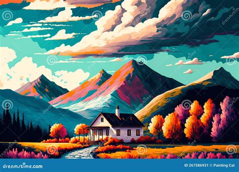 Painted Bright Landscape With A House Clouds And Mountain Poetic