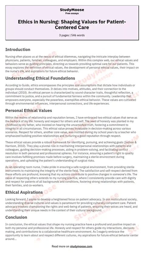 Personal Ethics Statement Of Nurses Free Essay Example