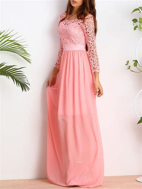 Pink Crochet Hollow Lace Maxi Dress Shein