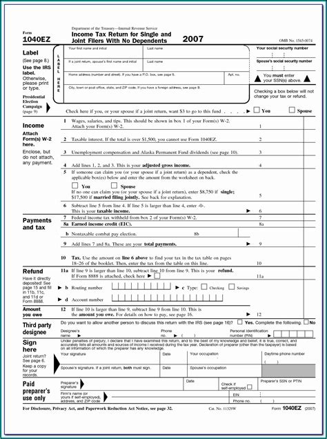Irs 1040 Form Example - 1040 Ez Nr Form Example | 1040 Form Printable