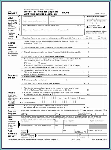 Irs 1040 Form Example 1040 Ez Nr Form Example 1040 Form Printable