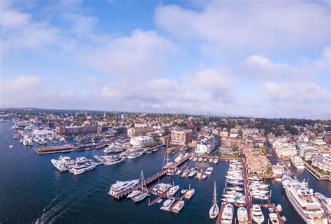 Aerial Shot Of The Newport Harbor In Rhode Island With Ducked Boats And