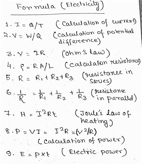 Please Answer All The Main Formulas Of Electricity Chapter Science
