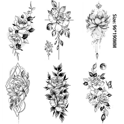 6 Pieceslot 3d Realistic Large Flower Temporary Tattoos For Women Body Art Arm Geometric Tattoo
