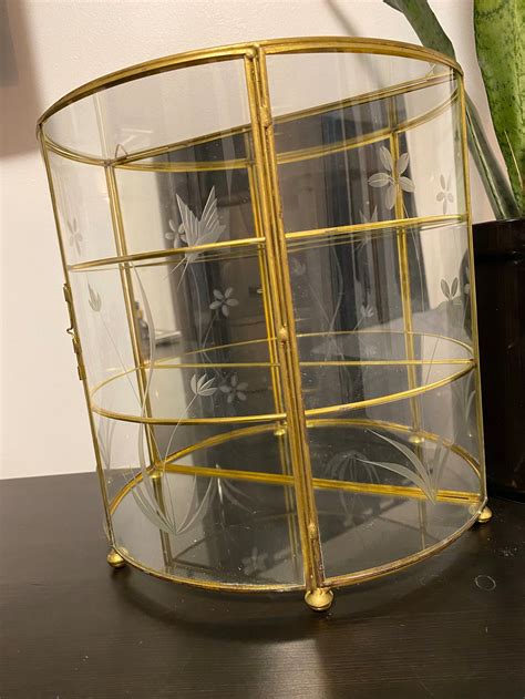 Vintage Brass And Etched Glass Curio Cabinet Trinket Display Etsy