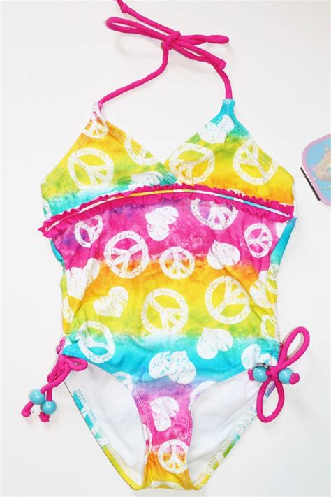 Nwt Girls 5 White Pink Aqua Multi Tie Dye Peace Signs Swimsuit S Kids