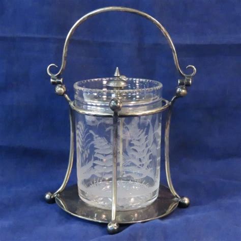antique etched glass jar pickle castor with silver plate lid and carrier antique price