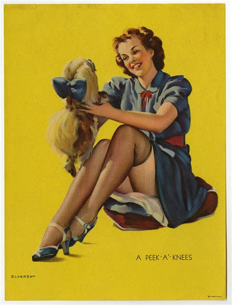 Antique Gil Elvgren 1930s Pin Up Print Stocking Clad Girl And Pup A Peek