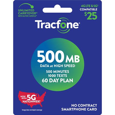 Tracfone 25 Smartphone 60 Day Prepaid Plan 500 Min1000 Txt500 Mb