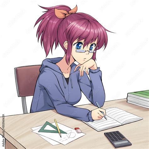 Cute Anime Girl Doing Homeworkstudying Colored Stock Illustration