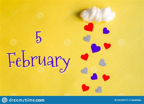 5 February Day Of Month Colorful Hearts Rain From A White Cotton Cloud