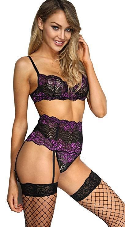 Buy Purple Lace Lingerie Set With Matching Garter Belt And Black