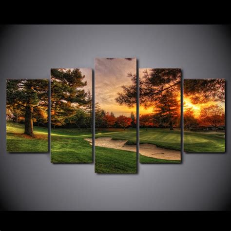 Golf Course Trees Sunset 5 Piece Canvas Art Wall Decor Canvas Prints