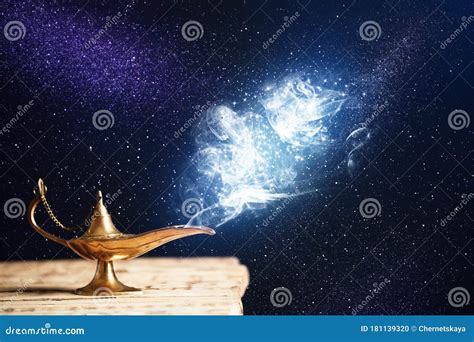 Genie Appearing From Magic Lamp Of Wishes Stock Photo Image Of Legend