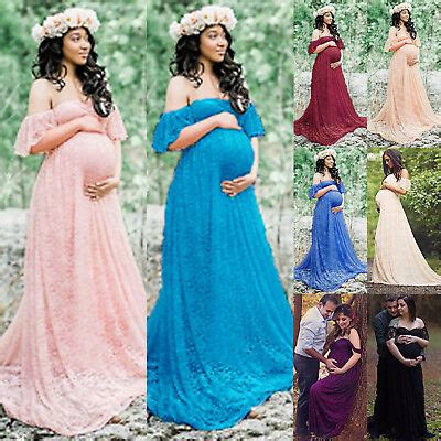 Pregnant Women Off Shoulder Lace Long Maxi Dress Gown Maternity