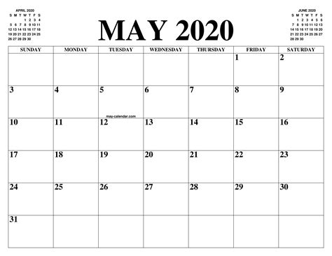 Free Blank May Calendar 2020 Printable Template Pdf Word Excel