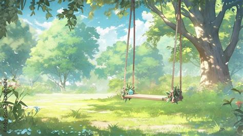 Anime Swing In A Green Forest With A Tree Romantic Landscapes Anime