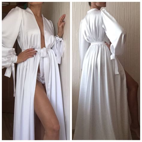 Long Silk Robe White Bridal Robe Silk Bridal Robe Lace Sleeve Robe