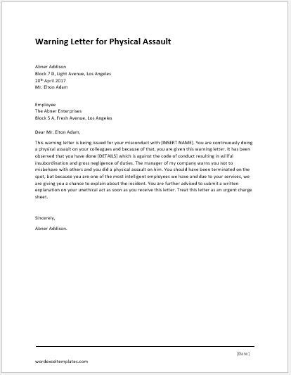 On the last day of work, after working about four hours, she was preparing to take her one hour lunch break. warning letters | Word & Excel Templates
