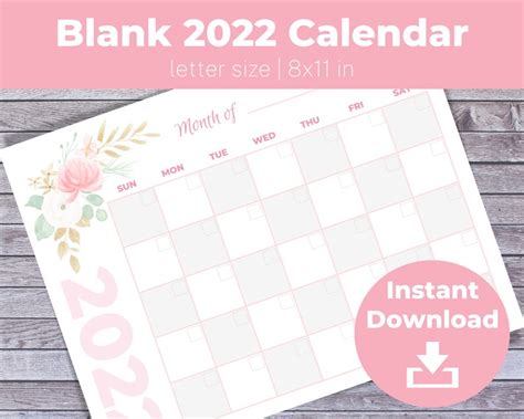 Floral Blank 2022 Monthly Calendar 85x11 Letter Size Printable Etsy