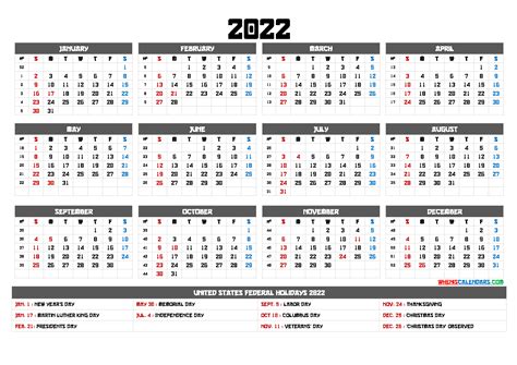 Printable Calendar 2022 With Holidays 6 Templates