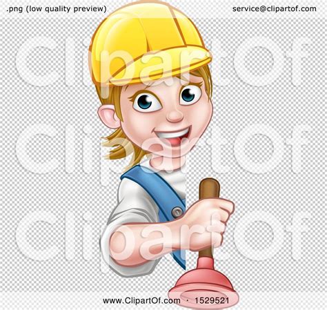 Clipart Of A Happy White Female Plumber Holding A Plunger Around A Sign