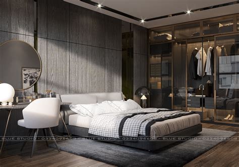 A dark grey bed stands out among the white walls and flooring. Dark Grey Master bedroom on Behance