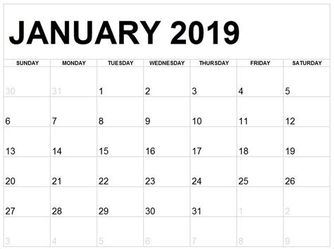 January 2019 Printable Calendar Page Printable Calendar Printable Riset
