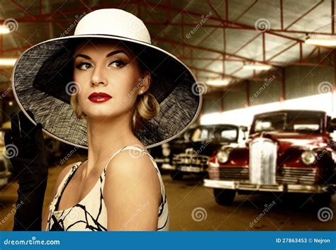 Classic Woman Against Retro Cars Stock Image Image Of Adult