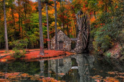 Autumn Trees Mill Walk Park Alley Water Mill Forest Leaves Reflection H