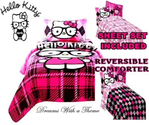 Hello Kitty Reversible Pink And Black Twinfull Size Bed Comforter