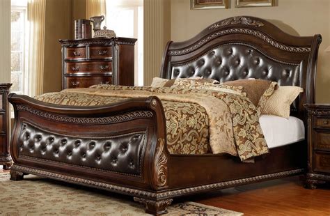 Leather Headboard Sleigh Queen Size Bed Traditional Mcferran B9588 Cherry