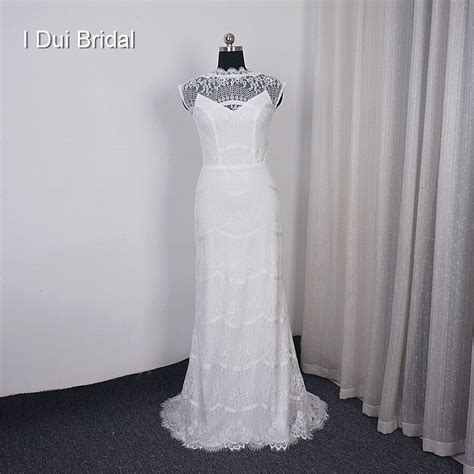 Sheer Lace Back Wedding Dress Sheath Elegant Bridal Gown In Wedding