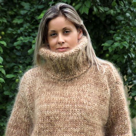 Hand Knitted Mohair Sweater Beige Fuzzy Turtleneck Pullover By