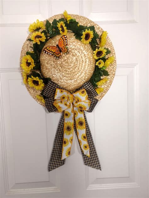 Straw Hat With Sunflowers Straw Hat Crafts Door Wreath Hanger