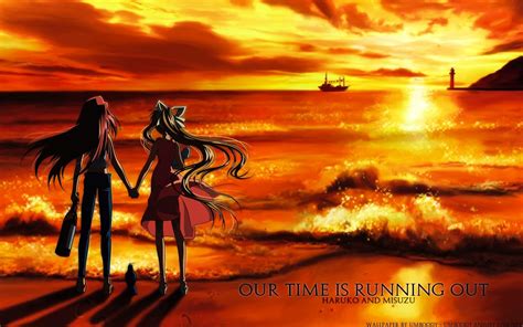 These animated pictures were created using the blingee free online photo editor. two women, holding hands, anime, anime girls, air, Air (anime), Kamio Misuzu, sky, women on ...