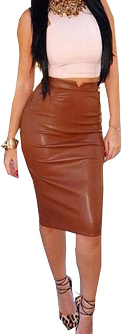 Ladies High Waisted Leather Pencil Stretch Skirt Slim Form Fashion