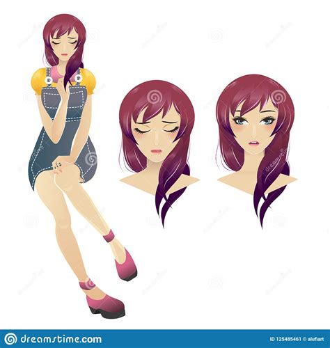 Cute Young Anime Girl Illustration With Long Purple Hair Stock Vector