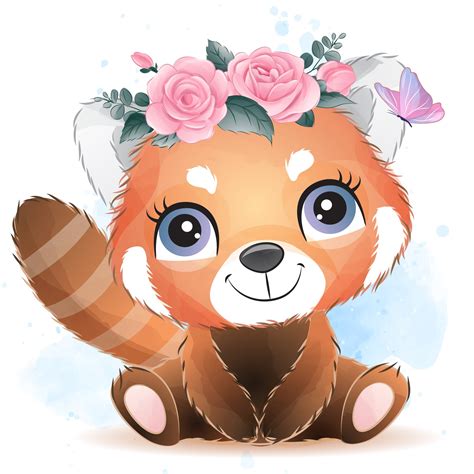 Cute Red Panda Clipart With Watercolor Illustration