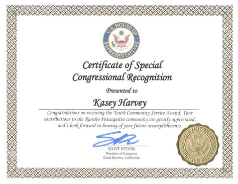 Us Congress Certificate Of Special Congressional Recognition Kasey