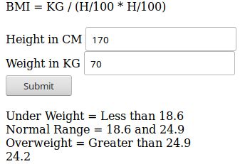 Calories burned from walking uphill at a 10% grade (per minute) = (8.0 x 81.65 x 3.5) ÷ 200 = 11.431. How to make a BMI Calculator using Pure Javascript
