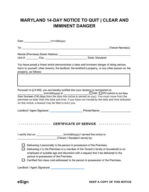 Free Maryland 14 Day Notice To Quit Clear And Imminent Danger Pdf