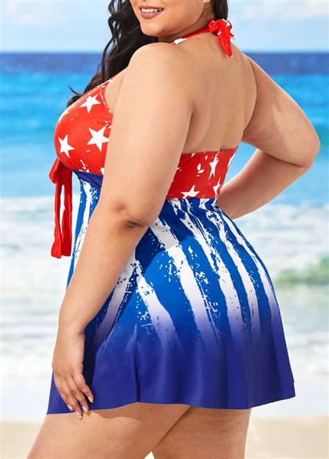 Plus Size Blue American Flag Print Swimdress And Shorts Usd 3798
