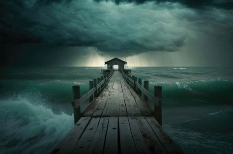 Premium Ai Image A Wooden Pier Extending Into Stormy Waters Creating