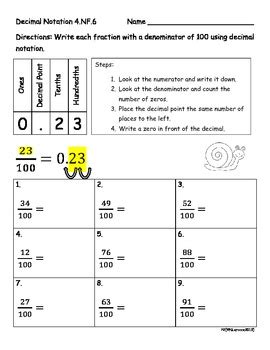 Use decimal notation for fractions with denominators. 4th Grade Decimal Notation Fraction Worksheets and Center ...