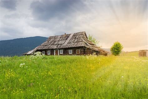 Old Abandoned Rural Wooden House In The Carpathian Mountains Stock
