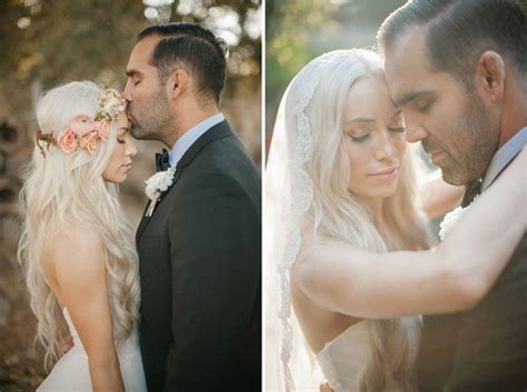 Two Photos Of A Bride And Groom Posing For Pictures In Front Of The Camera With Their Arms