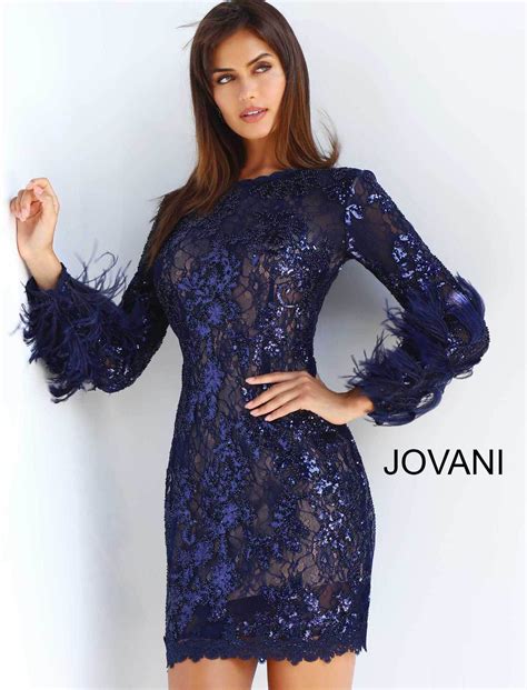 Jovani 63351 Navy Lace Sequin Long Sleeve Cocktail Dress