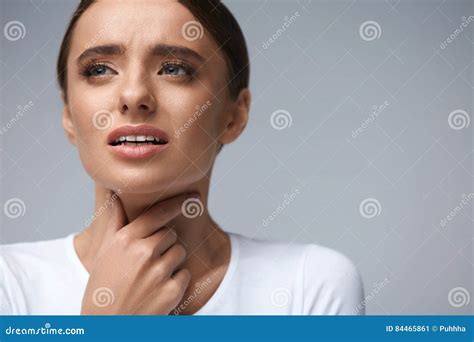 Throat Pain Ill Woman Having Sore Throat Painful Feeling Stock Image