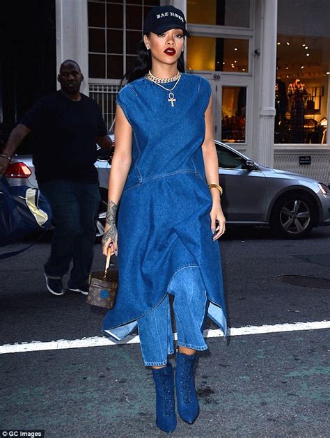 rihanna rocks double denim as she steps out wearing quirky ensemble in new york daily mail online
